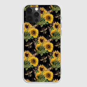 Чехол для iPhone 12 Pro с принтом Fashion Sunflowers and bees в Курске, силикон | область печати: задняя сторона чехла, без боковых панелей | black | fashion | flowers | flowers lovers | sunflower | sunflowers | букет подсолнухов | весенние подсолнухи | жёлтые подсолнухи | летние подсолнухи | летние цветы | насекомые | подсолнечник | подсолнухи