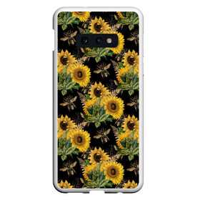 Чехол для Samsung S10E с принтом Fashion Sunflowers and bees в Курске, Силикон | Область печати: задняя сторона чехла, без боковых панелей | black | fashion | flowers | flowers lovers | sunflower | sunflowers | букет подсолнухов | весенние подсолнухи | жёлтые подсолнухи | летние подсолнухи | летние цветы | насекомые | подсолнечник | подсолнухи