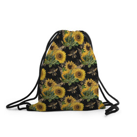 Рюкзак-мешок 3D с принтом Fashion Sunflowers and bees в Курске, 100% полиэстер | плотность ткани — 200 г/м2, размер — 35 х 45 см; лямки — толстые шнурки, застежка на шнуровке, без карманов и подкладки | black | fashion | flowers | flowers lovers | sunflower | sunflowers | букет подсолнухов | весенние подсолнухи | жёлтые подсолнухи | летние подсолнухи | летние цветы | насекомые | подсолнечник | подсолнухи