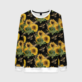 Женский свитшот 3D с принтом Fashion Sunflowers and bees в Курске, 100% полиэстер с мягким внутренним слоем | круглый вырез горловины, мягкая резинка на манжетах и поясе, свободная посадка по фигуре | black | fashion | flowers | flowers lovers | sunflower | sunflowers | букет подсолнухов | весенние подсолнухи | жёлтые подсолнухи | летние подсолнухи | летние цветы | насекомые | подсолнечник | подсолнухи
