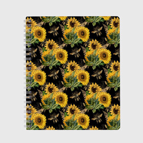 Тетрадь с принтом Fashion Sunflowers and bees в Курске, 100% бумага | 48 листов, плотность листов — 60 г/м2, плотность картонной обложки — 250 г/м2. Листы скреплены сбоку удобной пружинной спиралью. Уголки страниц и обложки скругленные. Цвет линий — светло-серый
 | black | fashion | flowers | flowers lovers | sunflower | sunflowers | букет подсолнухов | весенние подсолнухи | жёлтые подсолнухи | летние подсолнухи | летние цветы | насекомые | подсолнечник | подсолнухи