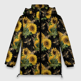 Женская зимняя куртка Oversize с принтом Fashion Sunflowers and bees в Курске, верх — 100% полиэстер; подкладка — 100% полиэстер; утеплитель — 100% полиэстер | длина ниже бедра, силуэт Оверсайз. Есть воротник-стойка, отстегивающийся капюшон и ветрозащитная планка. 

Боковые карманы с листочкой на кнопках и внутренний карман на молнии | black | fashion | flowers | flowers lovers | sunflower | sunflowers | букет подсолнухов | весенние подсолнухи | жёлтые подсолнухи | летние подсолнухи | летние цветы | насекомые | подсолнечник | подсолнухи