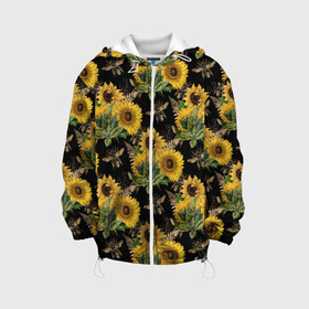 Детская куртка 3D с принтом Fashion Sunflowers and bees в Курске, 100% полиэстер | застежка — молния, подол и капюшон оформлены резинкой с фиксаторами, по бокам — два кармана без застежек, один потайной карман на груди, плотность верхнего слоя — 90 г/м2; плотность флисового подклада — 260 г/м2 | black | fashion | flowers | flowers lovers | sunflower | sunflowers | букет подсолнухов | весенние подсолнухи | жёлтые подсолнухи | летние подсолнухи | летние цветы | насекомые | подсолнечник | подсолнухи