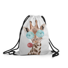 Рюкзак-мешок 3D с принтом Жираф в очках в Курске, 100% полиэстер | плотность ткани — 200 г/м2, размер — 35 х 45 см; лямки — толстые шнурки, застежка на шнуровке, без карманов и подкладки | животные | жираф | звери | конфета | очки | чупа чупс