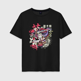 Женская футболка хлопок Oversize с принтом Японский Воин Japanese Warrior в Курске, 100% хлопок | свободный крой, круглый ворот, спущенный рукав, длина до линии бедер
 | art | cola | cyberpunk samurai | kanji | ninja | oni | ronin | samurai | shogun | арт | иероглифы | кандзи | капли краски | киберпанк самурай | кола | мерч | путь воина | ронин | самурай в маске | сёгун | токио | харакири