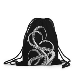 Рюкзак-мешок 3D с принтом Octopus Black and White в Курске, 100% полиэстер | плотность ткани — 200 г/м2, размер — 35 х 45 см; лямки — толстые шнурки, застежка на шнуровке, без карманов и подкладки | Тематика изображения на принте: fish | kraken | ocean spirit | octopus | sea | summer | вода | водный мир | животные | зверь | кальмар | кракен | лето | монстр | море | морская живность | морские обитатели | осьминог | отпуск | рыба | черно белый | чуд