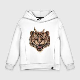 Детское худи Oversize хлопок с принтом Evil Tiger в Курске, френч-терри — 70% хлопок, 30% полиэстер. Мягкий теплый начес внутри —100% хлопок | боковые карманы, эластичные манжеты и нижняя кромка, капюшон на магнитной кнопке | животные | зло | рога | тигр | третий глаз