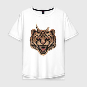 Мужская футболка хлопок Oversize с принтом Evil Tiger в Курске, 100% хлопок | свободный крой, круглый ворот, “спинка” длиннее передней части | животные | зло | рога | тигр | третий глаз