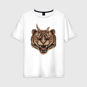 Женская футболка хлопок Oversize с принтом Evil Tiger в Курске, 100% хлопок | свободный крой, круглый ворот, спущенный рукав, длина до линии бедер
 | животные | зло | рога | тигр | третий глаз