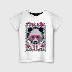 Детская футболка хлопок с принтом PINK LIFE в Курске, 100% хлопок | круглый вырез горловины, полуприлегающий силуэт, длина до линии бедер | black | fashion | girl | life | panda | pink | roses | text | white | женский | жизнь | лето | мода | очки | панда | розовый | розы | стиль | узор