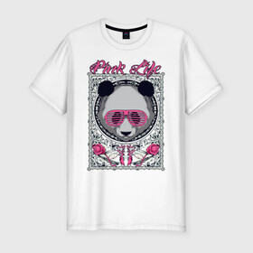 Мужская футболка хлопок Slim с принтом PINK LIFE в Курске, 92% хлопок, 8% лайкра | приталенный силуэт, круглый вырез ворота, длина до линии бедра, короткий рукав | black | fashion | girl | life | panda | pink | roses | text | white | женский | жизнь | лето | мода | очки | панда | розовый | розы | стиль | узор