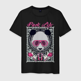 Мужская футболка хлопок с принтом PINK LIFE в Курске, 100% хлопок | прямой крой, круглый вырез горловины, длина до линии бедер, слегка спущенное плечо. | black | fashion | girl | life | panda | pink | roses | text | white | женский | жизнь | лето | мода | очки | панда | розовый | розы | стиль | узор