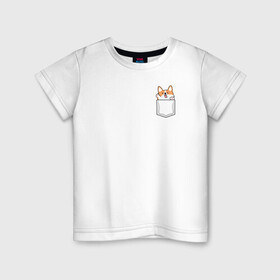 Детская футболка хлопок с принтом Корги в кармашке в Курске, 100% хлопок | круглый вырез горловины, полуприлегающий силуэт, длина до линии бедер | Тематика изображения на принте: вельш корги | звери | корги | собаки
