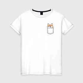 Женская футболка хлопок с принтом Корги в кармашке в Курске, 100% хлопок | прямой крой, круглый вырез горловины, длина до линии бедер, слегка спущенное плечо | вельш корги | звери | корги | собаки