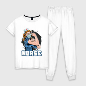 Женская пижама хлопок с принтом Медсестра в Курске, 100% хлопок | брюки и футболка прямого кроя, без карманов, на брюках мягкая резинка на поясе и по низу штанин | covid | больница | вирус | медик | медсестра