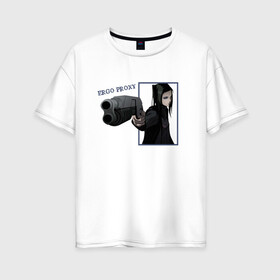 Женская футболка хлопок Oversize с принтом Риэл Мэйер (Эрго Прокси) в Курске, 100% хлопок | свободный крой, круглый ворот, спущенный рукав, длина до линии бедер
 | ergo proxy | аниме | надпись | пистолет | риэл мэйер | черные волосы