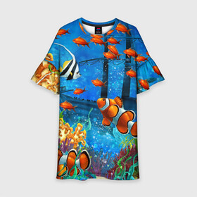 Детское платье 3D с принтом На глубине Рыбки Пляжная в Курске, 100% полиэстер | прямой силуэт, чуть расширенный к низу. Круглая горловина, на рукавах — воланы | море | мультяшки | океан | пляжная | рыба | рыбки | рыбы