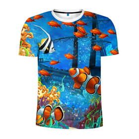 Мужская футболка 3D спортивная с принтом На глубине | Рыбки | Пляжная в Курске, 100% полиэстер с улучшенными характеристиками | приталенный силуэт, круглая горловина, широкие плечи, сужается к линии бедра | Тематика изображения на принте: море | мультяшки | океан | пляжная | рыба | рыбки | рыбы