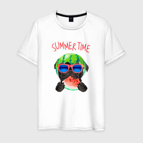 Мужская футболка хлопок с принтом Summer Time в Курске, 100% хлопок | прямой крой, круглый вырез горловины, длина до линии бедер, слегка спущенное плечо. | beach | good vibes gold time | palm | sea | summer | tropical | арбуз | вайб | волны | жара | золотое время | летние | лето | очки | пес | пляж | собака | тропический