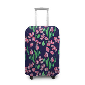 Чехол для чемодана 3D с принтом Тюльпаны в Курске, 86% полиэфир, 14% спандекс | двустороннее нанесение принта, прорези для ручек и колес | растительный узор | рисунок | синий | тюльпан | цветы