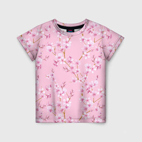 Детская футболка 3D с принтом Цветущая розовая вишня в Курске, 100% гипоаллергенный полиэфир | прямой крой, круглый вырез горловины, длина до линии бедер, чуть спущенное плечо, ткань немного тянется | Тематика изображения на принте: cherry blossom | sakura | азия | весна | ветки | вишня | для девушки | женский | милый | нежный | природа | розовый | сакура | цветение | цветочный принт | цветущая вишня | цветущие ветки | цветущий миндаль