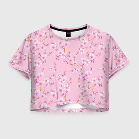 Женская футболка Crop-top 3D с принтом Цветущая розовая вишня в Курске, 100% полиэстер | круглая горловина, длина футболки до линии талии, рукава с отворотами | Тематика изображения на принте: cherry blossom | sakura | азия | весна | ветки | вишня | для девушки | женский | милый | нежный | природа | розовый | сакура | цветение | цветочный принт | цветущая вишня | цветущие ветки | цветущий миндаль
