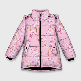 Зимняя куртка для девочек 3D с принтом Цветущая розовая вишня в Курске, ткань верха — 100% полиэстер; подклад — 100% полиэстер, утеплитель — 100% полиэстер. | длина ниже бедра, удлиненная спинка, воротник стойка и отстегивающийся капюшон. Есть боковые карманы с листочкой на кнопках, утяжки по низу изделия и внутренний карман на молнии. 

Предусмотрены светоотражающий принт на спинке, радужный светоотражающий элемент на пуллере молнии и на резинке для утяжки. | Тематика изображения на принте: cherry blossom | sakura | азия | весна | ветки | вишня | для девушки | женский | милый | нежный | природа | розовый | сакура | цветение | цветочный принт | цветущая вишня | цветущие ветки | цветущий миндаль