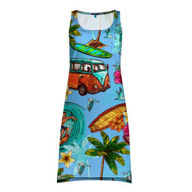 Платье-майка 3D с принтом Пальмы волны серфинг в Курске, 100% полиэстер | полуприлегающий силуэт, широкие бретели, круглый вырез горловины, удлиненный подол сзади. | beach | club | palm | party | sea | summer | tropical | волна | волны | жара | летние | лето | море | очки | пальмы | пляж | серф | серфинг | тропический
