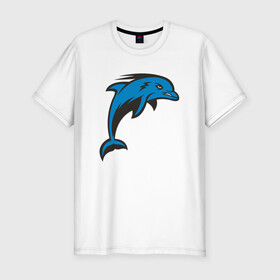 Мужская футболка хлопок Slim с принтом Злой дельфин в Курске, 92% хлопок, 8% лайкра | приталенный силуэт, круглый вырез ворота, длина до линии бедра, короткий рукав | Тематика изображения на принте: dolphin | дельфин | дельфины | море | морские | на голубом | с дельфином