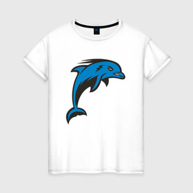 Женская футболка хлопок с принтом Злой дельфин в Курске, 100% хлопок | прямой крой, круглый вырез горловины, длина до линии бедер, слегка спущенное плечо | dolphin | дельфин | дельфины | море | морские | на голубом | с дельфином
