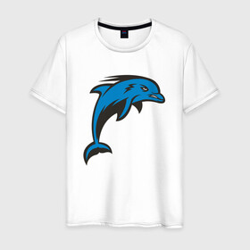 Мужская футболка хлопок с принтом Злой дельфин в Курске, 100% хлопок | прямой крой, круглый вырез горловины, длина до линии бедер, слегка спущенное плечо. | Тематика изображения на принте: dolphin | дельфин | дельфины | море | морские | на голубом | с дельфином