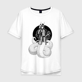 Мужская футболка хлопок Oversize с принтом Самурай наги в Курске, 100% хлопок | свободный крой, круглый ворот, “спинка” длиннее передней части | арт | воин | демон | ёкай | змея | китай | манга | маска | мистическое существо | наги | рисунок | рога | самурай | чешуя | япония