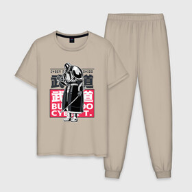 Мужская пижама хлопок с принтом Кибер Самурай Бусидо в Курске, 100% хлопок | брюки и футболка прямого кроя, без карманов, на брюках мягкая резинка на поясе и по низу штанин
 | art | bushido | cyberpunk samurai | future | ninja | oni | ronin | samurai | shogun | арт | будущее | киберпанк самурай | мерч | мужик | мужчина | прикол | путь воина | путь война | ронин | сёгун | сепукку | токио | харакири