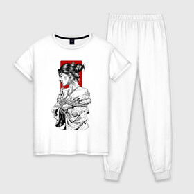 Женская пижама хлопок с принтом Шибари в Курске, 100% хлопок | брюки и футболка прямого кроя, без карманов, на брюках мягкая резинка на поясе и по низу штанин | арт | верёвка | девушка | кимано | рисунок | связывание | черно белый | чёрно белый рисунок | шибаре