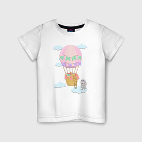 Детская футболка хлопок с принтом кролик и воздушный шар в Курске, 100% хлопок | круглый вырез горловины, полуприлегающий силуэт, длина до линии бедер | Тематика изображения на принте: воздушный шар | детская иллюстрация | зайчик | зеленый | коробка | кролик | небо | облако | подарки | розовый | сюрприз