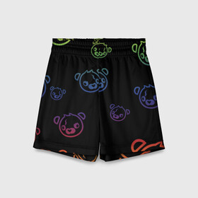Детские спортивные шорты 3D с принтом Colorful Bear в Курске,  100% полиэстер
 | пояс оформлен широкой мягкой резинкой, ткань тянется
 | Тематика изображения на принте: colorful | games | иллюстрация | медведь | обёртка | фортнайт
