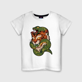 Детская футболка хлопок с принтом Тигр кусает змею в Курске, 100% хлопок | круглый вырез горловины, полуприлегающий силуэт, длина до линии бедер | Тематика изображения на принте: битва | змея | кобра | тигр | хищники | яд