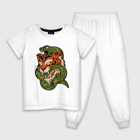Детская пижама хлопок с принтом Тигр кусает змею в Курске, 100% хлопок |  брюки и футболка прямого кроя, без карманов, на брюках мягкая резинка на поясе и по низу штанин
 | Тематика изображения на принте: битва | змея | кобра | тигр | хищники | яд