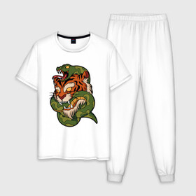 Мужская пижама хлопок с принтом Тигр кусает змею в Курске, 100% хлопок | брюки и футболка прямого кроя, без карманов, на брюках мягкая резинка на поясе и по низу штанин
 | Тематика изображения на принте: битва | змея | кобра | тигр | хищники | яд