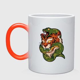Кружка хамелеон с принтом Тигр кусает змею в Курске, керамика | меняет цвет при нагревании, емкость 330 мл | битва | змея | кобра | тигр | хищники | яд
