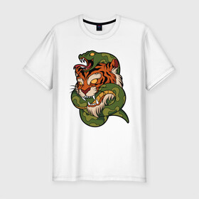 Мужская футболка хлопок Slim с принтом Тигр кусает змею в Курске, 92% хлопок, 8% лайкра | приталенный силуэт, круглый вырез ворота, длина до линии бедра, короткий рукав | Тематика изображения на принте: битва | змея | кобра | тигр | хищники | яд