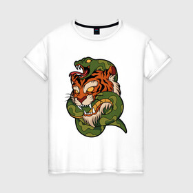 Женская футболка хлопок с принтом Тигр кусает змею в Курске, 100% хлопок | прямой крой, круглый вырез горловины, длина до линии бедер, слегка спущенное плечо | Тематика изображения на принте: битва | змея | кобра | тигр | хищники | яд