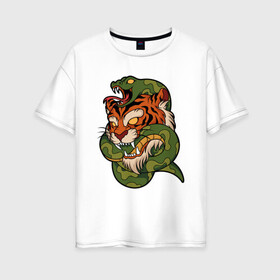 Женская футболка хлопок Oversize с принтом Тигр кусает змею в Курске, 100% хлопок | свободный крой, круглый ворот, спущенный рукав, длина до линии бедер
 | Тематика изображения на принте: битва | змея | кобра | тигр | хищники | яд