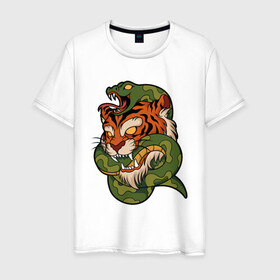 Мужская футболка хлопок с принтом Тигр кусает змею в Курске, 100% хлопок | прямой крой, круглый вырез горловины, длина до линии бедер, слегка спущенное плечо. | Тематика изображения на принте: битва | змея | кобра | тигр | хищники | яд