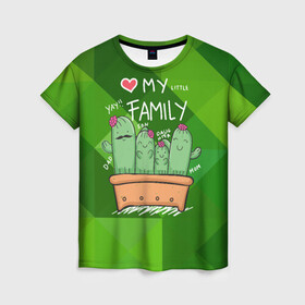 Женская футболка 3D с принтом Милая семья кактусов в Курске, 100% полиэфир ( синтетическое хлопкоподобное полотно) | прямой крой, круглый вырез горловины, длина до линии бедер | cactus | кактус | кактусы | милый | растение | цветок