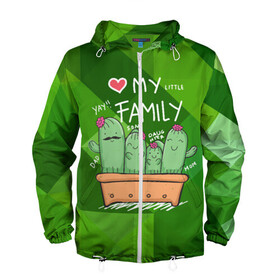 Мужская ветровка 3D с принтом Милая семья кактусов в Курске, 100% полиэстер | подол и капюшон оформлены резинкой с фиксаторами, два кармана без застежек по бокам, один потайной карман на груди | cactus | кактус | кактусы | милый | растение | цветок