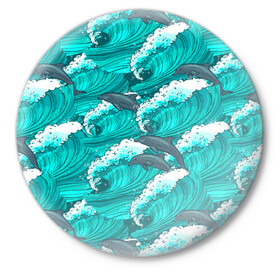 Значок с принтом Дельфины в море в Курске,  металл | круглая форма, металлическая застежка в виде булавки | dolphin | дельфин | дельфины | море | морские | на голубом | с дельфином