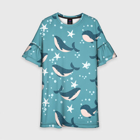 Детское платье 3D с принтом Киты в Курске, 100% полиэстер | прямой силуэт, чуть расширенный к низу. Круглая горловина, на рукавах — воланы | whale | белый кит | кит | киты | морские | паттерн | синий кит