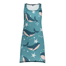 Платье-майка 3D с принтом Киты в Курске, 100% полиэстер | полуприлегающий силуэт, широкие бретели, круглый вырез горловины, удлиненный подол сзади. | whale | белый кит | кит | киты | морские | паттерн | синий кит