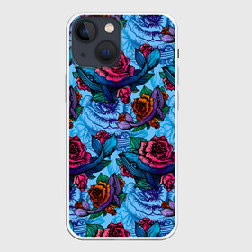 Чехол для iPhone 13 mini с принтом Киты и цветы в Курске,  |  | whale | белый кит | кит | киты | морские | паттерн | синий кит